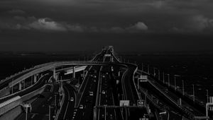 Preview wallpaper road, highway, bw, sky, clouds, dark