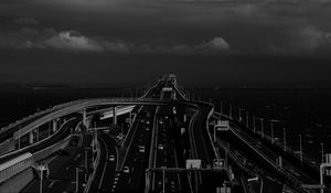 Preview wallpaper road, highway, bw, sky, clouds, dark