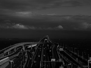 Preview wallpaper road, highway, bw, sky, clouds, dark