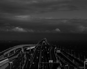 Preview wallpaper road, highway, bw, sky, clouds, dark