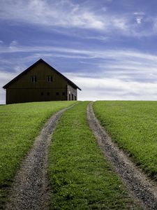 Preview wallpaper road, hill, house, nature, landscape
