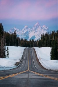 Preview wallpaper road, hill, mountains, trees, snow, winter