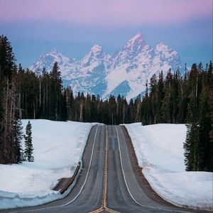 Preview wallpaper road, hill, mountains, trees, snow, winter