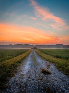 Preview wallpaper road, hills, distance, grass