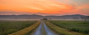 Preview wallpaper road, hills, distance, grass