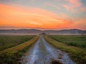 Preview wallpaper road, hills, distance, grass