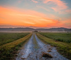 Preview wallpaper road, hills, distance, grass