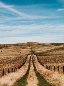 Preview wallpaper road, hills, fields, fence, landscape