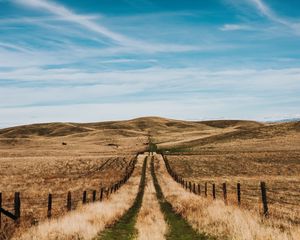 Preview wallpaper road, hills, fields, fence, landscape