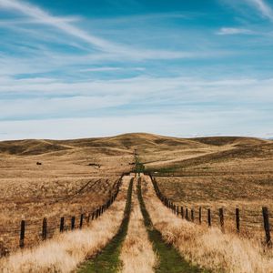 Preview wallpaper road, hills, fields, fence, landscape