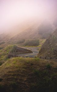 Preview wallpaper road, hills, fog, nature, morning