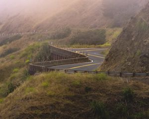 Preview wallpaper road, hills, fog, nature, morning