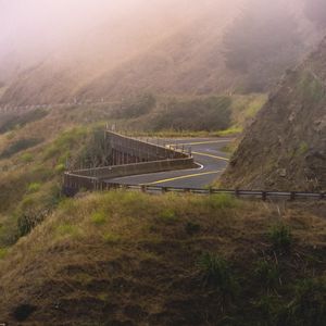 Preview wallpaper road, hills, fog, nature, morning