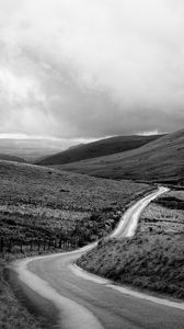 Preview wallpaper road, hills, meadow, valley, black and white
