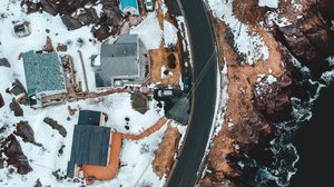 Preview wallpaper road, houses, roofs, aerial view