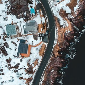 Preview wallpaper road, houses, roofs, aerial view