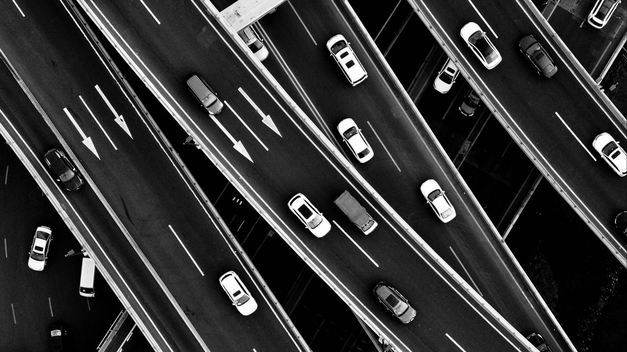 Wallpaper road junction, interchange, aerial view, bw, cars, movement