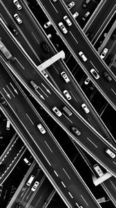 Preview wallpaper road junction, interchange, aerial view, bw, cars, movement