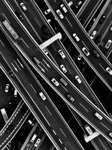 Preview wallpaper road junction, interchange, aerial view, bw, cars, movement