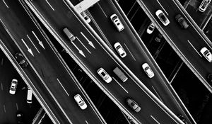 Preview wallpaper road junction, interchange, aerial view, bw, cars, movement