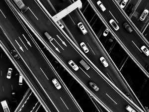 Preview wallpaper road junction, interchange, aerial view, bw, cars, movement