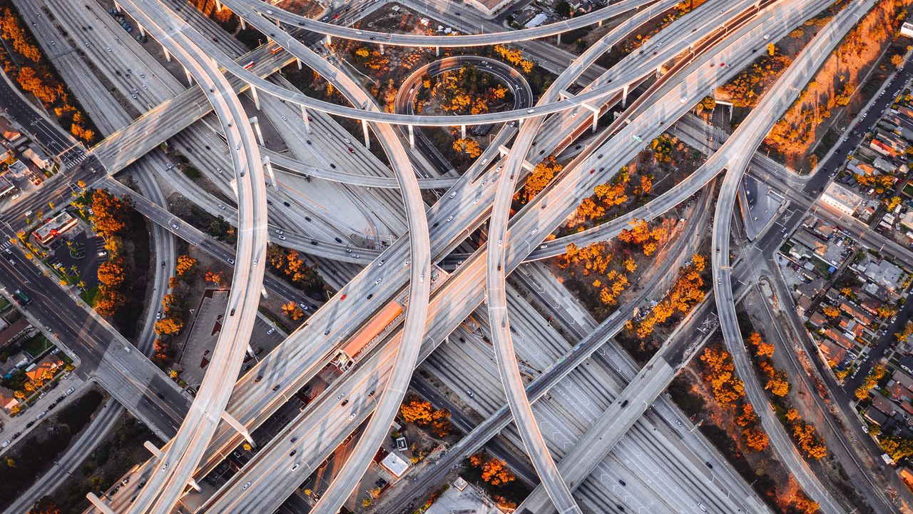 Wallpaper road junction, roads, aerial view, interchange road, fork, sunset, los angeles