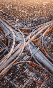 Preview wallpaper road junction, roads, aerial view, interchange road, fork, sunset, los angeles