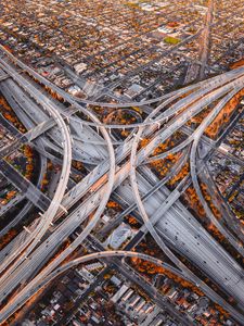 Preview wallpaper road junction, roads, aerial view, interchange road, fork, sunset, los angeles