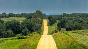 Preview wallpaper road, landscape, hilly, greens, horizon