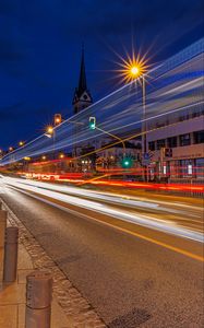 Preview wallpaper road, lanterns, light, buildings, dark