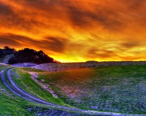 Preview wallpaper road, lifting, field, evening