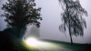 Preview wallpaper road, light, fog, trees