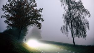 Preview wallpaper road, light, fog, trees