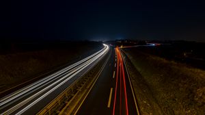Preview wallpaper road, light, lines, long exposure, night, dark