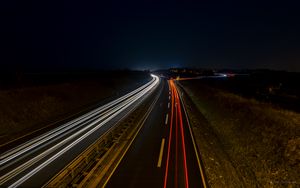 Preview wallpaper road, light, lines, long exposure, night, dark