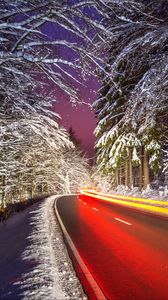 Preview wallpaper road, light, long exposure, snow, winter, night