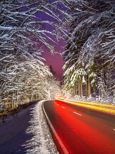 Preview wallpaper road, light, long exposure, snow, winter, night