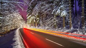 Preview wallpaper road, light, long exposure, snow, winter, night