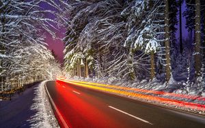 Preview wallpaper road, light, long exposure, snow, winter, night