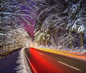 Preview wallpaper road, light, long exposure, snow, winter, night