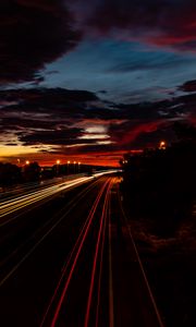 Preview wallpaper road, light, long exposure, trees, sunset, dark