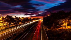 Preview wallpaper road, light, long exposure, trees, sunset