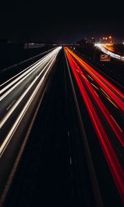 Preview wallpaper road, light, long exposure, stripes, night, dark