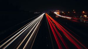 Preview wallpaper road, light, long exposure, stripes, night, dark