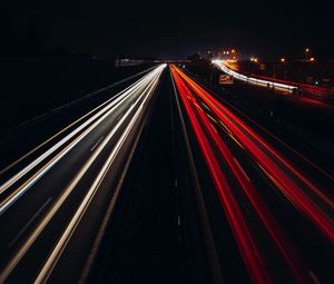 Preview wallpaper road, light, long exposure, stripes, night, dark