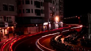 Preview wallpaper road, light, long exposure, buildings, night, dark