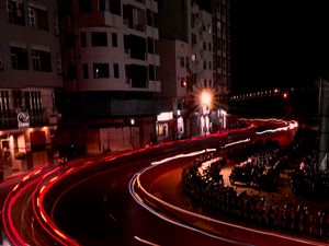 Preview wallpaper road, light, long exposure, buildings, night, dark