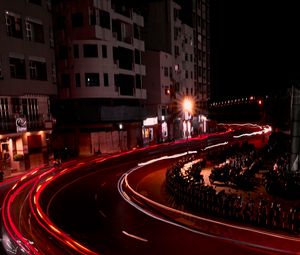 Preview wallpaper road, light, long exposure, buildings, night, dark
