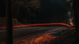 Preview wallpaper road, light, long exposure, trees, night, dark