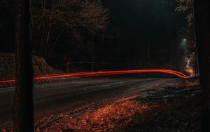 Preview wallpaper road, light, long exposure, trees, night, dark